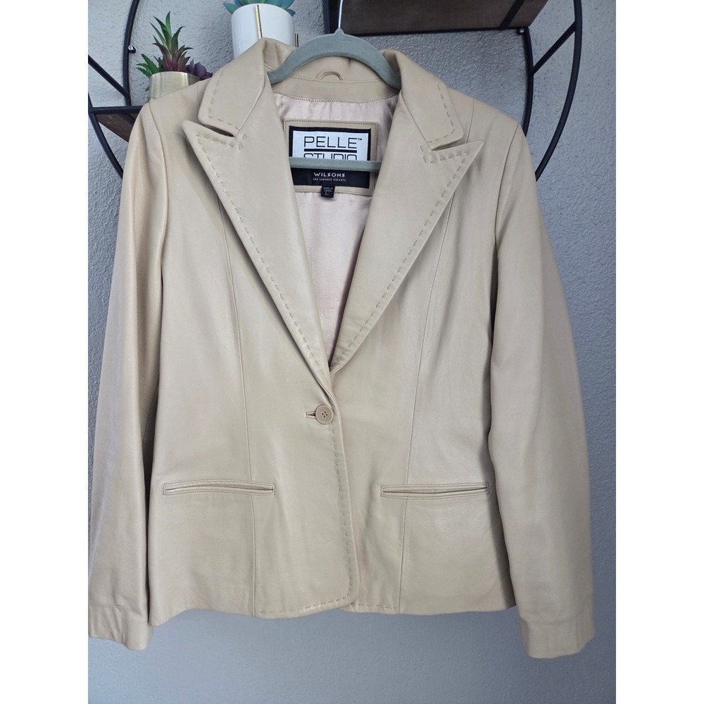 Pelle Studio Wilsons Leather Blazer Women Large Beige Whipstitch Single Button